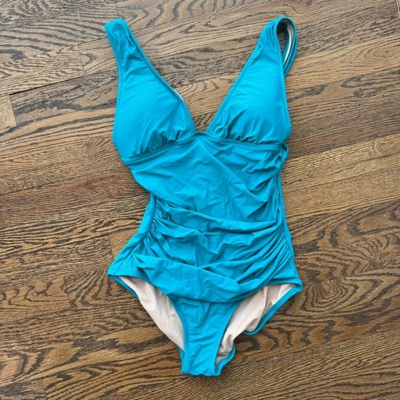 J. Crew Turquoise Ruched One-Piece Swimsuit Size 6 - Picture 3 of 12